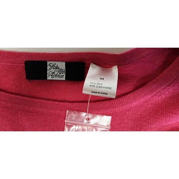 SAKS FIFTH AVENUE 3/4 Sleeve Cashmere Hot Pink Silk Comfy Sweater Size Medium - Picture 9 of 10